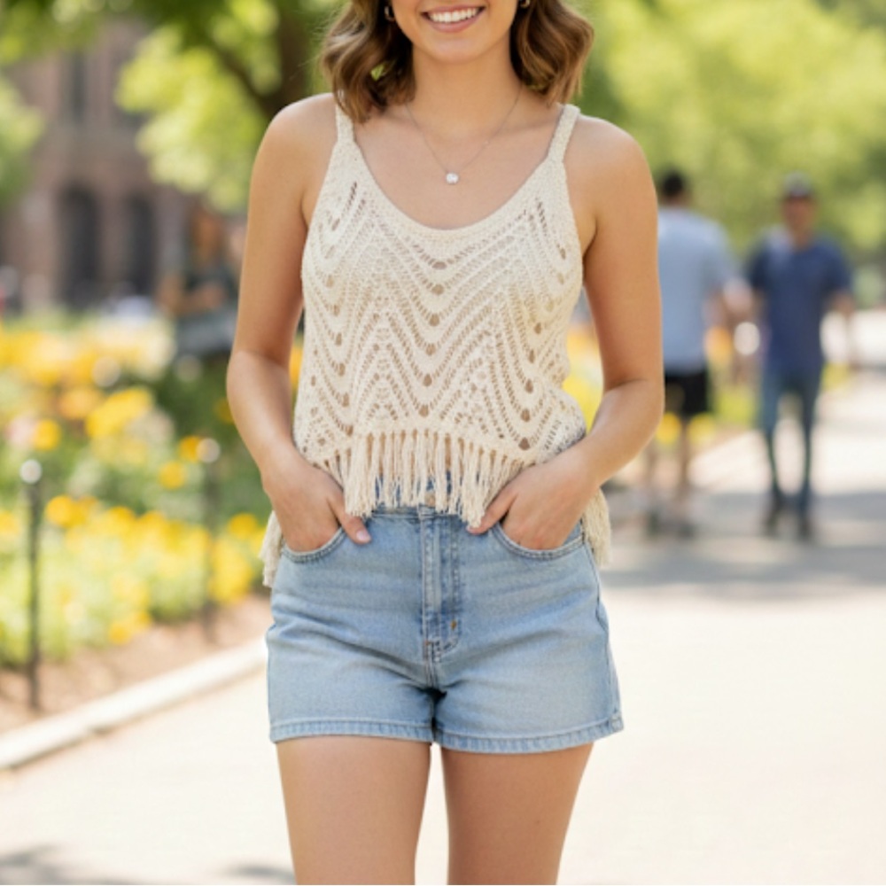Victoria's Secret White Crochet Fringe Tank Top Boho Festival Size S